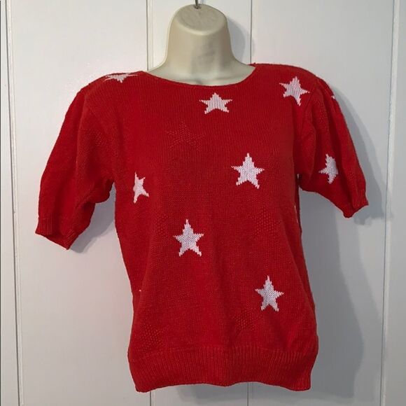 Vtg 80s red short sleeved red sweater with stars - Picture 1 of 6